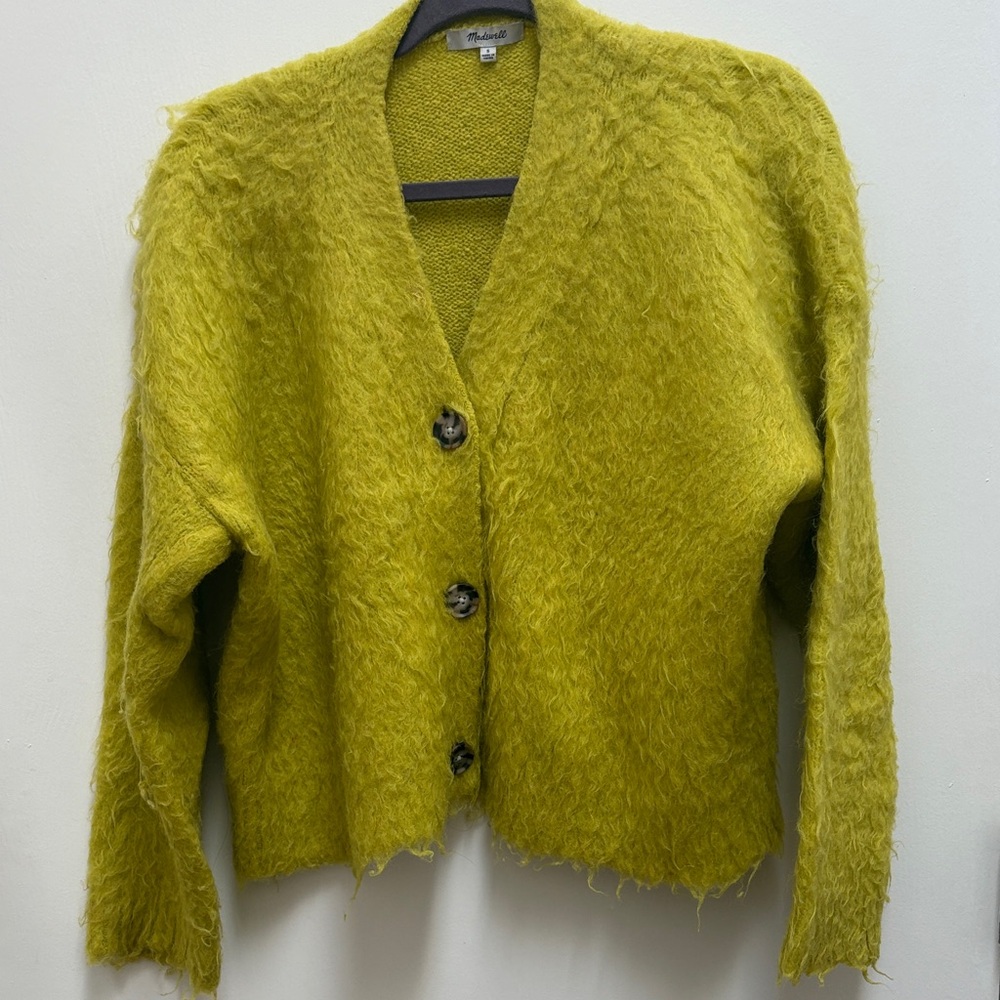 Madewell Fuzzy Knit Cardigan in Chartreuse Yellow size small